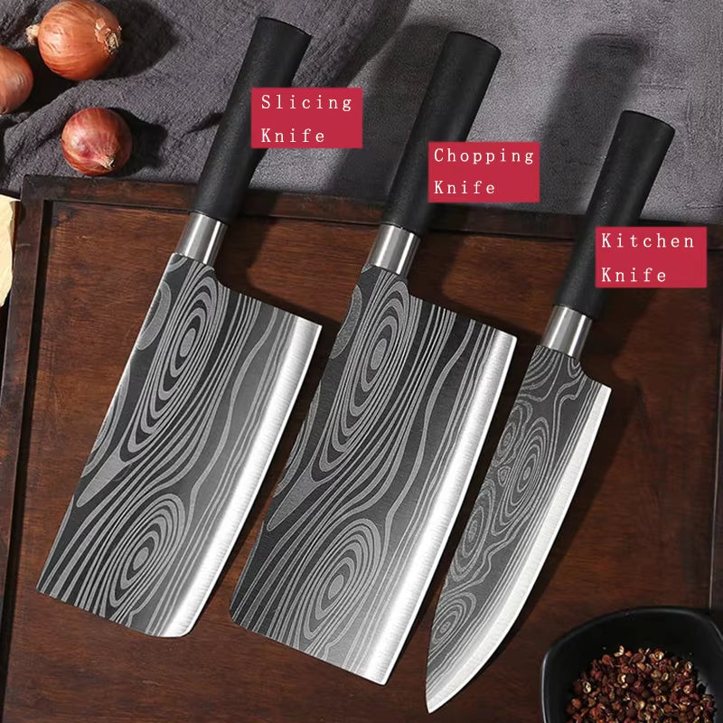 Laser Damascus Pattern Utility Kitchen Knives Scissors Sharpening Rod Set Stainless Steel Sharp Slicing Chef Knife Cooking Tool