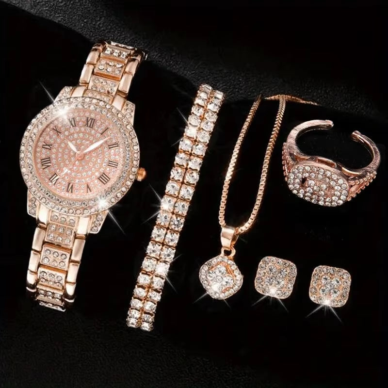 6PCS Women Watch Luxury Elegant Alloy Watch Crystal Wristwatch for Ladies Gift Quartz Watch Alloy Rhinestone Bracelet Montre