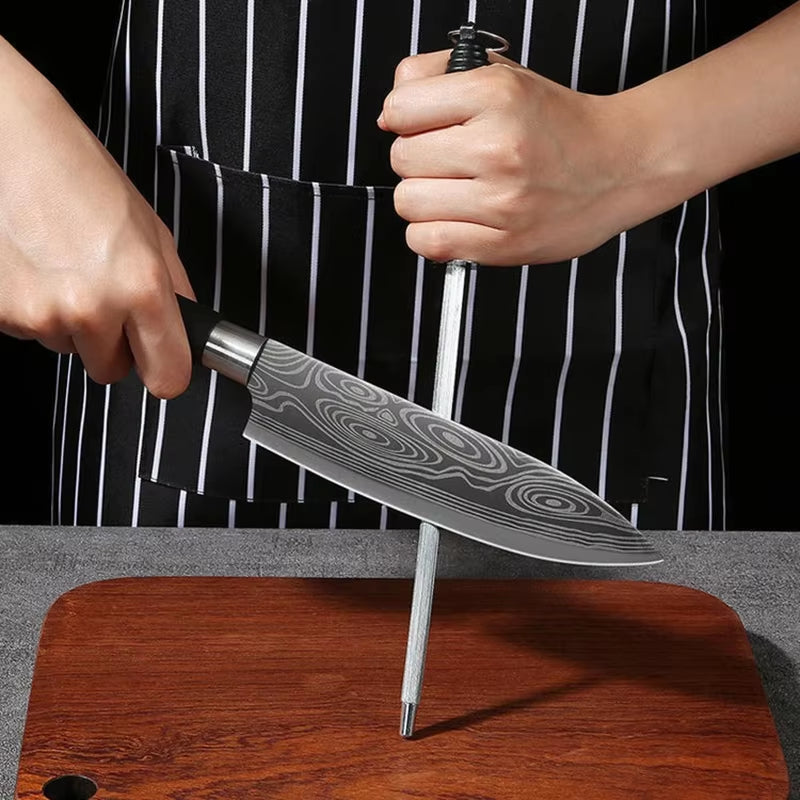 Laser Damascus Pattern Utility Kitchen Knives Scissors Sharpening Rod Set Stainless Steel Sharp Slicing Chef Knife Cooking Tool