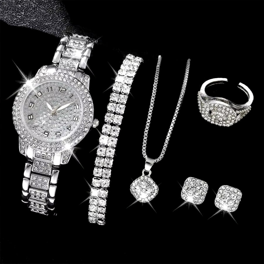 6PCS Women Watch Luxury Elegant Alloy Watch Crystal Wristwatch for Ladies Gift Quartz Watch Alloy Rhinestone Bracelet Montre
