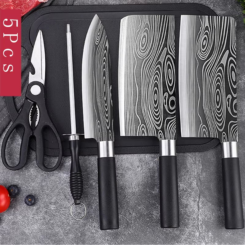 Laser Damascus Pattern Utility Kitchen Knives Scissors Sharpening Rod Set Stainless Steel Sharp Slicing Chef Knife Cooking Tool