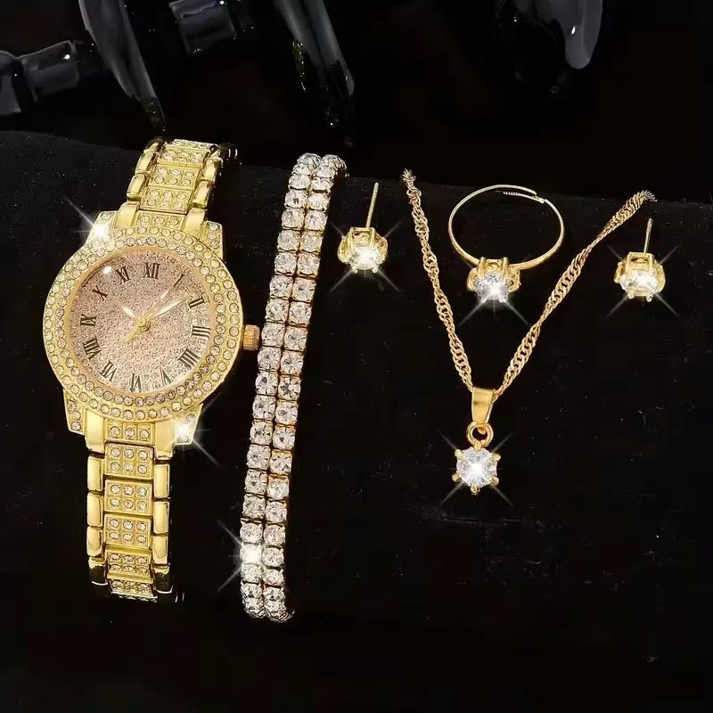 6PCS Women Watch Luxury Elegant Alloy Watch Crystal Wristwatch for Ladies Gift Quartz Watch Alloy Rhinestone Bracelet Montre