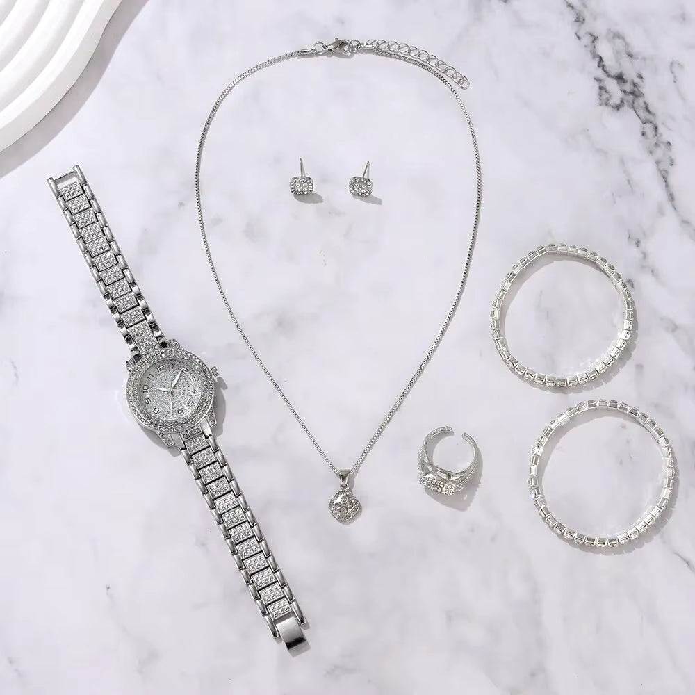 6PCS Women Watch Luxury Elegant Alloy Watch Crystal Wristwatch for Ladies Gift Quartz Watch Alloy Rhinestone Bracelet Montre