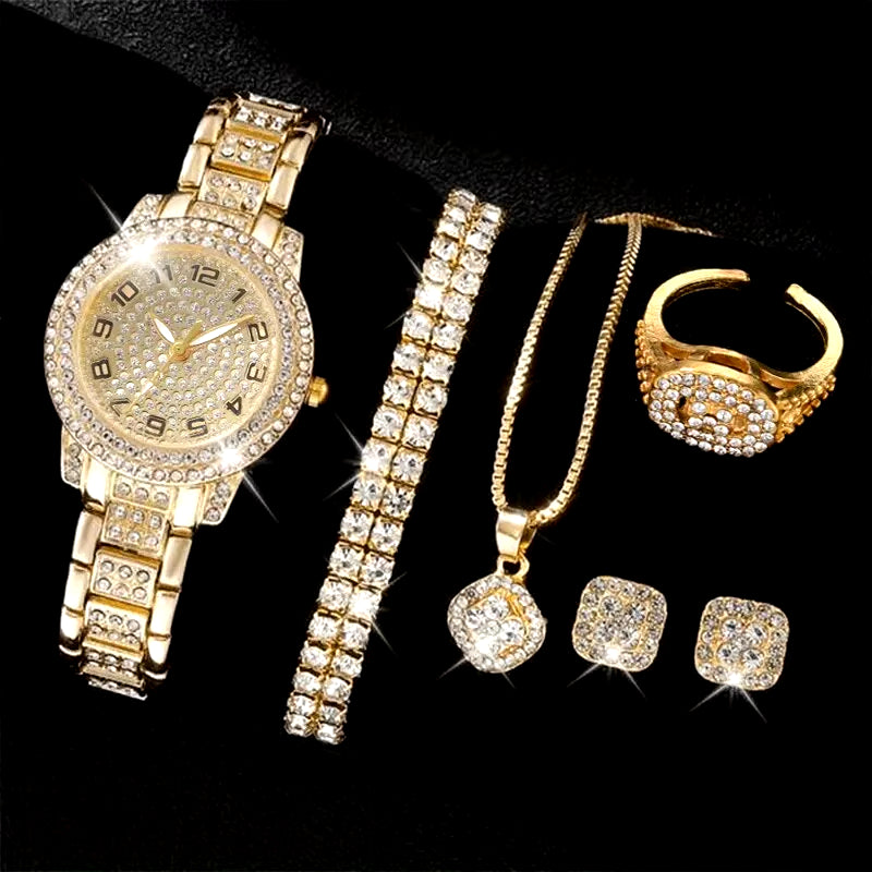 6PCS Women Watch Luxury Elegant Alloy Watch Crystal Wristwatch for Ladies Gift Quartz Watch Alloy Rhinestone Bracelet Montre