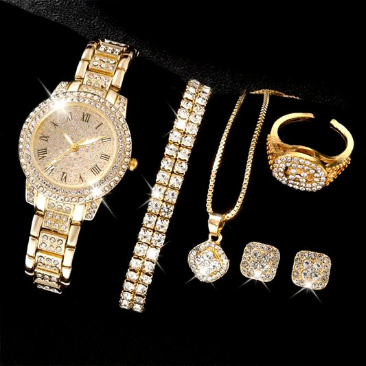 6PCS Women Watch Luxury Elegant Alloy Watch Crystal Wristwatch for Ladies Gift Quartz Watch Alloy Rhinestone Bracelet Montre