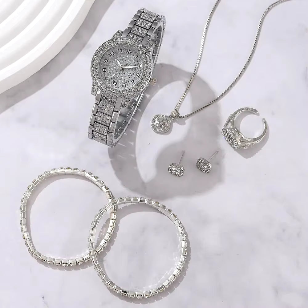6PCS Women Watch Luxury Elegant Alloy Watch Crystal Wristwatch for Ladies Gift Quartz Watch Alloy Rhinestone Bracelet Montre