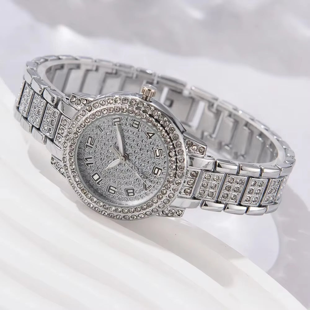 6PCS Women Watch Luxury Elegant Alloy Watch Crystal Wristwatch for Ladies Gift Quartz Watch Alloy Rhinestone Bracelet Montre