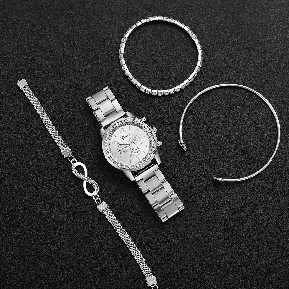 4Pcs/Set Fashion Rhinestone Women Watches Luxury Steel Band Ladies Quartz Watch Bracelets Set Reloj Mujer（Without Box）