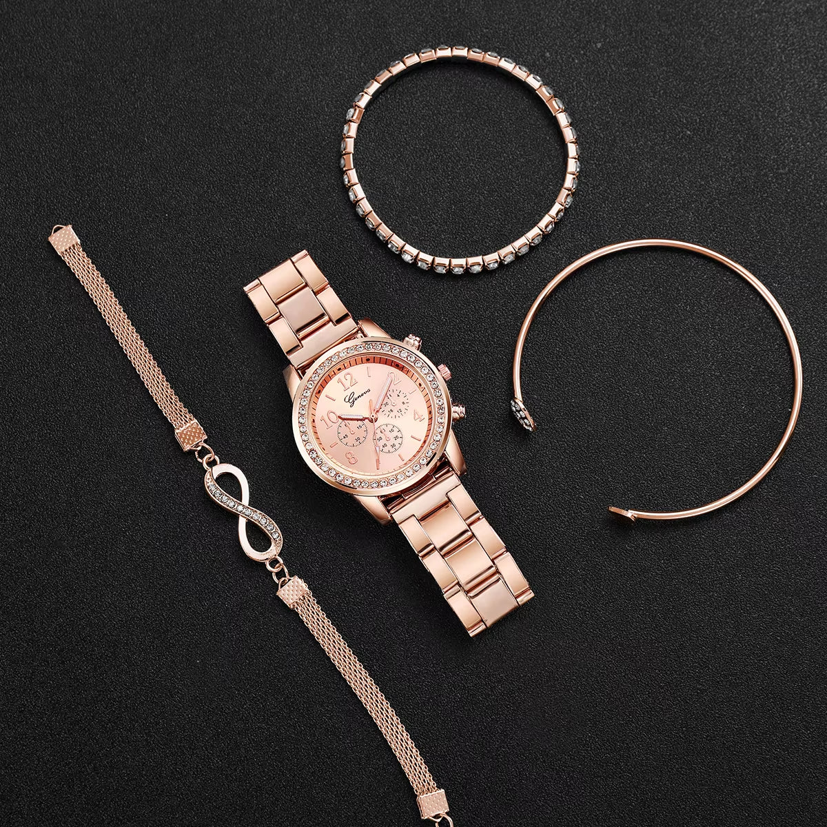 4Pcs/Set Fashion Rhinestone Women Watches Luxury Steel Band Ladies Quartz Watch Bracelets Set Reloj Mujer（Without Box）