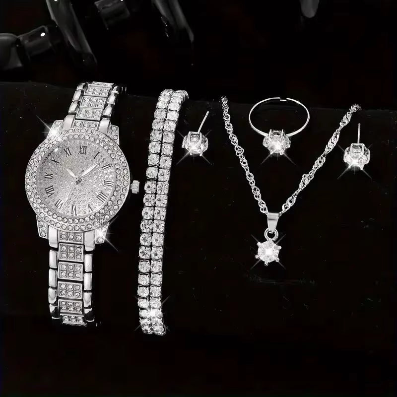 6PCS Women Watch Luxury Elegant Alloy Watch Crystal Wristwatch for Ladies Gift Quartz Watch Alloy Rhinestone Bracelet Montre