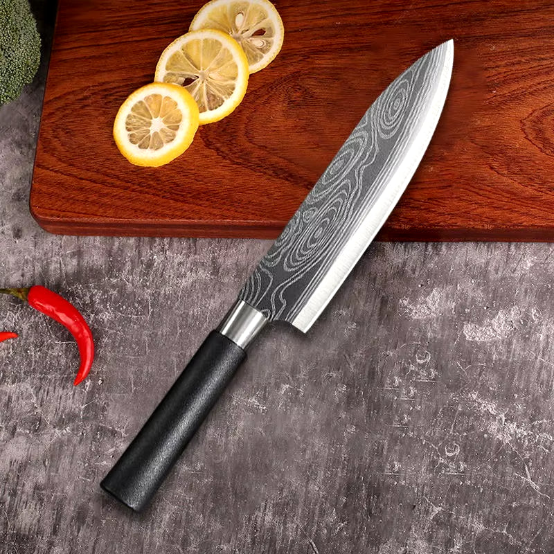 Laser Damascus Pattern Utility Kitchen Knives Scissors Sharpening Rod Set Stainless Steel Sharp Slicing Chef Knife Cooking Tool