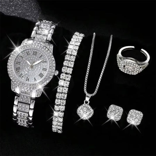 6PCS Women Watch Luxury Elegant Alloy Watch Crystal Wristwatch for Ladies Gift Quartz Watch Alloy Rhinestone Bracelet Montre