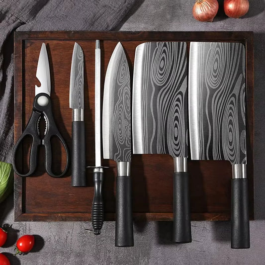 Laser Damascus Pattern Utility Kitchen Knives Scissors Sharpening Rod Set Stainless Steel Sharp Slicing Chef Knife Cooking Tool