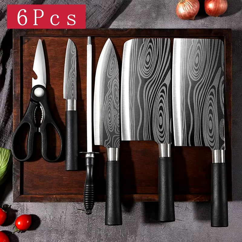 Laser Damascus Pattern Utility Kitchen Knives Scissors Sharpening Rod Set Stainless Steel Sharp Slicing Chef Knife Cooking Tool
