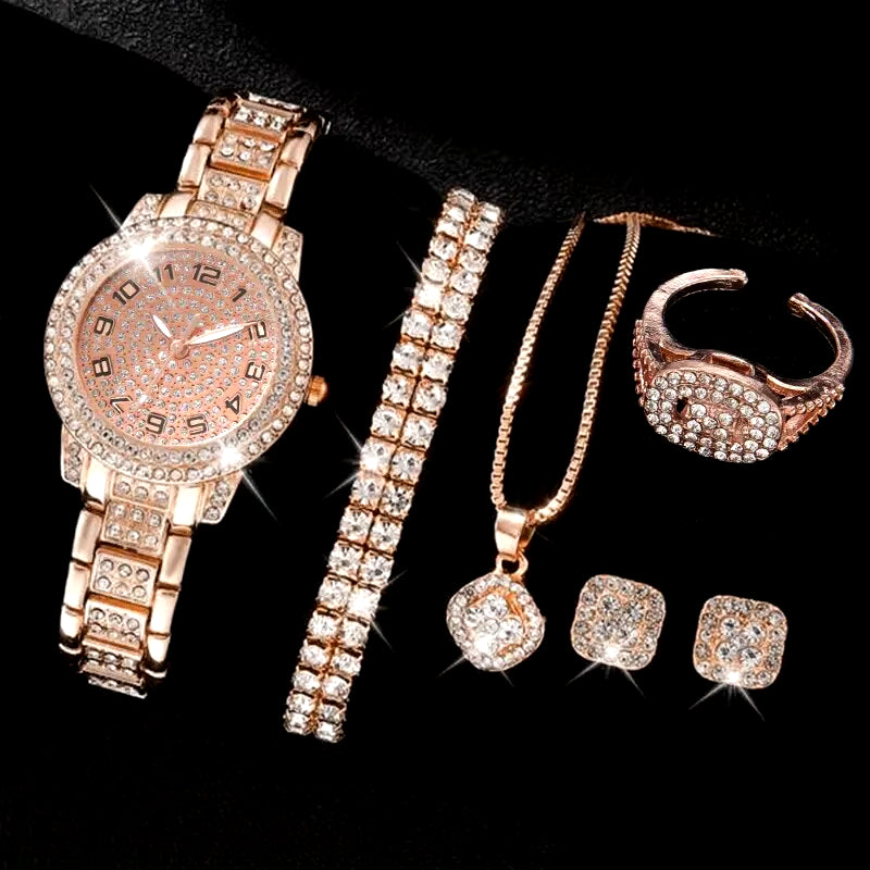 6PCS Women Watch Luxury Elegant Alloy Watch Crystal Wristwatch for Ladies Gift Quartz Watch Alloy Rhinestone Bracelet Montre