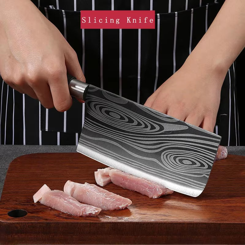 Laser Damascus Pattern Utility Kitchen Knives Scissors Sharpening Rod Set Stainless Steel Sharp Slicing Chef Knife Cooking Tool