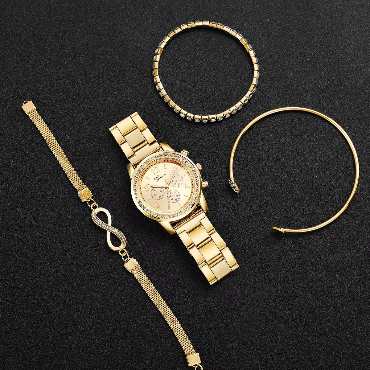 4Pcs/Set Fashion Rhinestone Women Watches Luxury Steel Band Ladies Quartz Watch Bracelets Set Reloj Mujer（Without Box）