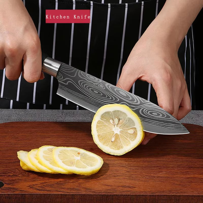Laser Damascus Pattern Utility Kitchen Knives Scissors Sharpening Rod Set Stainless Steel Sharp Slicing Chef Knife Cooking Tool